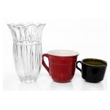 Cut Glass Vase & Two Ceramic Mugs