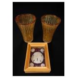 Pair Amber Glass Vases & Sand Dollar Shadow Box
