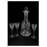 Etched Floral Glass Decanter & 3 Wine Glasses
