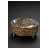 Vintage Brass Filigree Beveled-Glass Jewelry Box