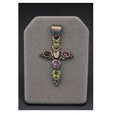 Sterling Silver Multicolor Gemstone Cross Pendant