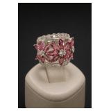 Sterling Silver Pink Cubic Zirconia Floral Ring