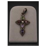 Sterling Silver Multi-Gemstone Cross Pendant