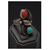 Navajo Sterling Silver Turquoise & Coral Ring