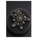 Mid-Century Blue Rhinestone Flower Brooch Pin