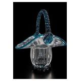 Hand Blown Clear & Teal Optic Glass Basket
