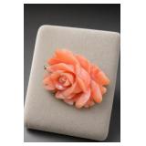 Carved Coral Rose Brooch Pin