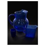 Cobalt Blue Glass Pitcher, Creamer & Tumbler Set