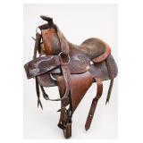 Brown Leather Floral Tooled Western Saddle w Stand