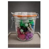 Ball Glass Jar Of Assorted Beads & Jewelry