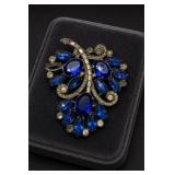 Blue Rhinestone Floral Spray Brooch