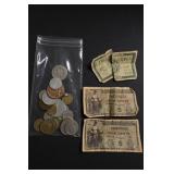 Coins, 2 Algerian 5 Franc Notes & 2 MPC 5 Cents
