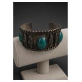 Vtg Egyptian Art Deco Green Panel Cuff Bracelet