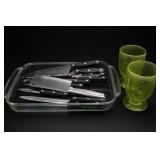 Kitchen Knives & Green Glass Goblets