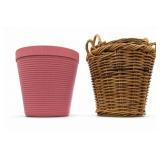 Wicker Basket & Ribbed Planter Pair