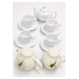 White Tea Set With 3 Teapots, 5 Cups & Saucers