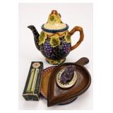 Grape Motif Ceramic Teapot With Tray & Dish