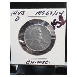 1943-D Lincoln Wheat Cent, MS63/64