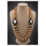 Wooden Bead Necklace With Geometric Pendants