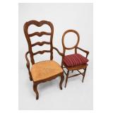 Pair of Carved Wood Armchairs, Rush & Upholstered