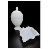 White Milk Glass Covered Compote & Dish Set