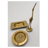 Brass Flamingo & Ashtray Set, 3 Pieces