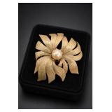 R Mandle Signed Gold-Tone Faux Pearl Flower Brooch