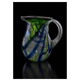 Handblown Cobalt Blue & Green Swirl Glass Pitcher