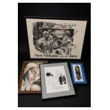 Four Framed Artworks: Jazz, Cartoon, Floral & Bird