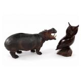 Carved Wood Owl Sculpture and Rubber Hippo