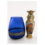 Cobalt Blue Glass & Floral Ceramic Vases
