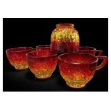 7pc Amberina Carnival Glass Punch Set
