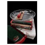 Christmas Cookbooks, Glass Platter & Linens