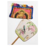 Bamboo Hand Fan Pair, Floral Bird Buddhist Designs
