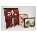 Three Framed Floral And Landscape Artworks
