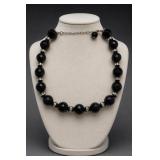 Faceted Black Bead Necklace w/ Silver-Tone Spacers