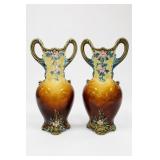 Pair Art Nouveau Floral Handled Ceramic Vases