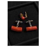Coral Cufflinks & Tie Tack Set