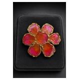 Signed Joy Stained Glass Flower Brooch
