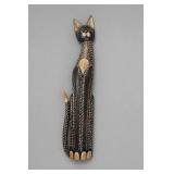 Hand-Carved Painted Wooden Cat Sculpture