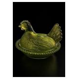 Indiana Glass Green Hen On Nest Covered Dish