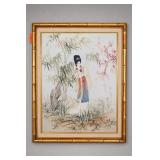 Framed Geisha Asian Painting In Bamboo-Style Frame