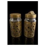 Pair Brass Overlay Glass Jars With Floral Design