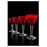4 Ruby Red Glass Goblets With Bubble Stems