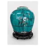 Chinese Style Turquoise Glazed Bamboo Jar on Stand