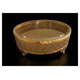 Gold-Tone Filigree Footed Glass Jewelry Box