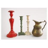 Vintage Painted Brass Candlesticks Set of 3 Plus