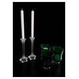 Faceted Crystal Candlesticks & Green Glass Holders