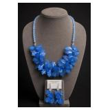 Blue Floral Beaded Necklace With Earrings
