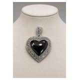 Sterling Silver Black Onyx Marcasite Heart Pendant